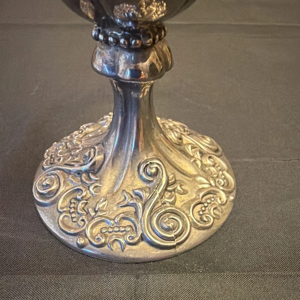 Godinger Red Glass Floral Vase, Scalloped Rim, Etched Design, Silver Base